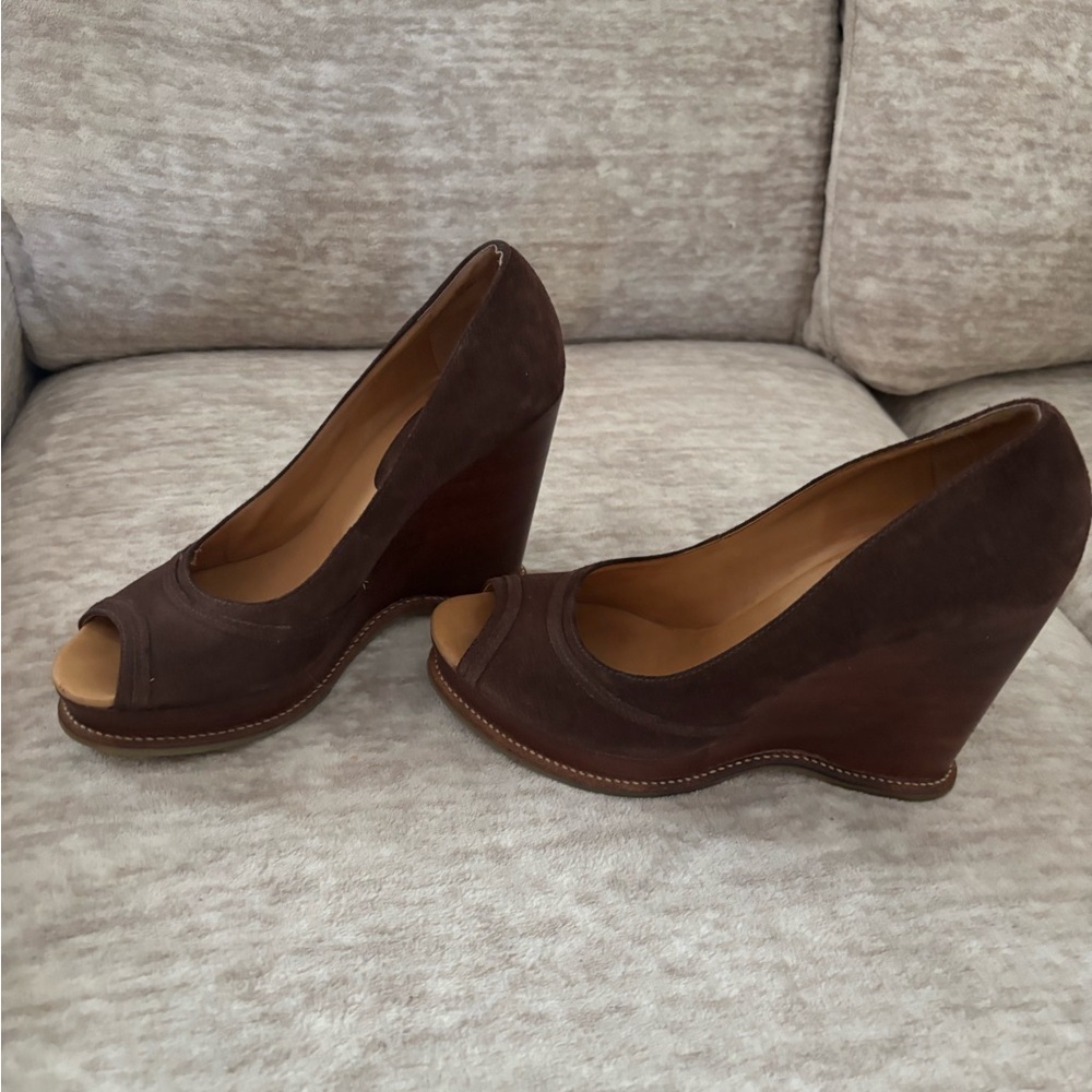 Michael Kors Brown Peep-Toe Suede Wedges - Picture 7 of 11